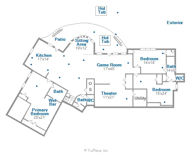 Lower level floor plan of Woodland Chalet with room dimensions