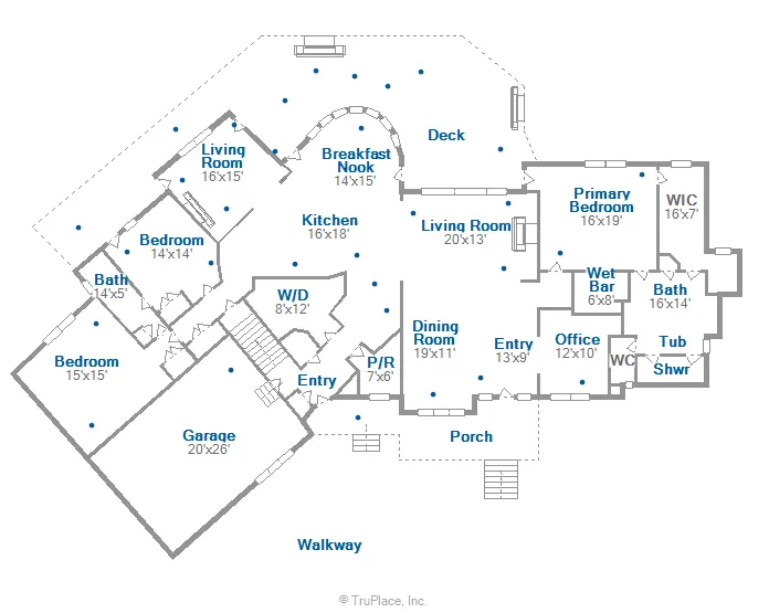 Main level floor plan of Woodland Chalet with room dimensions