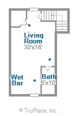 Pool house upper level floor plan of Woodland Chalet with room dimensions