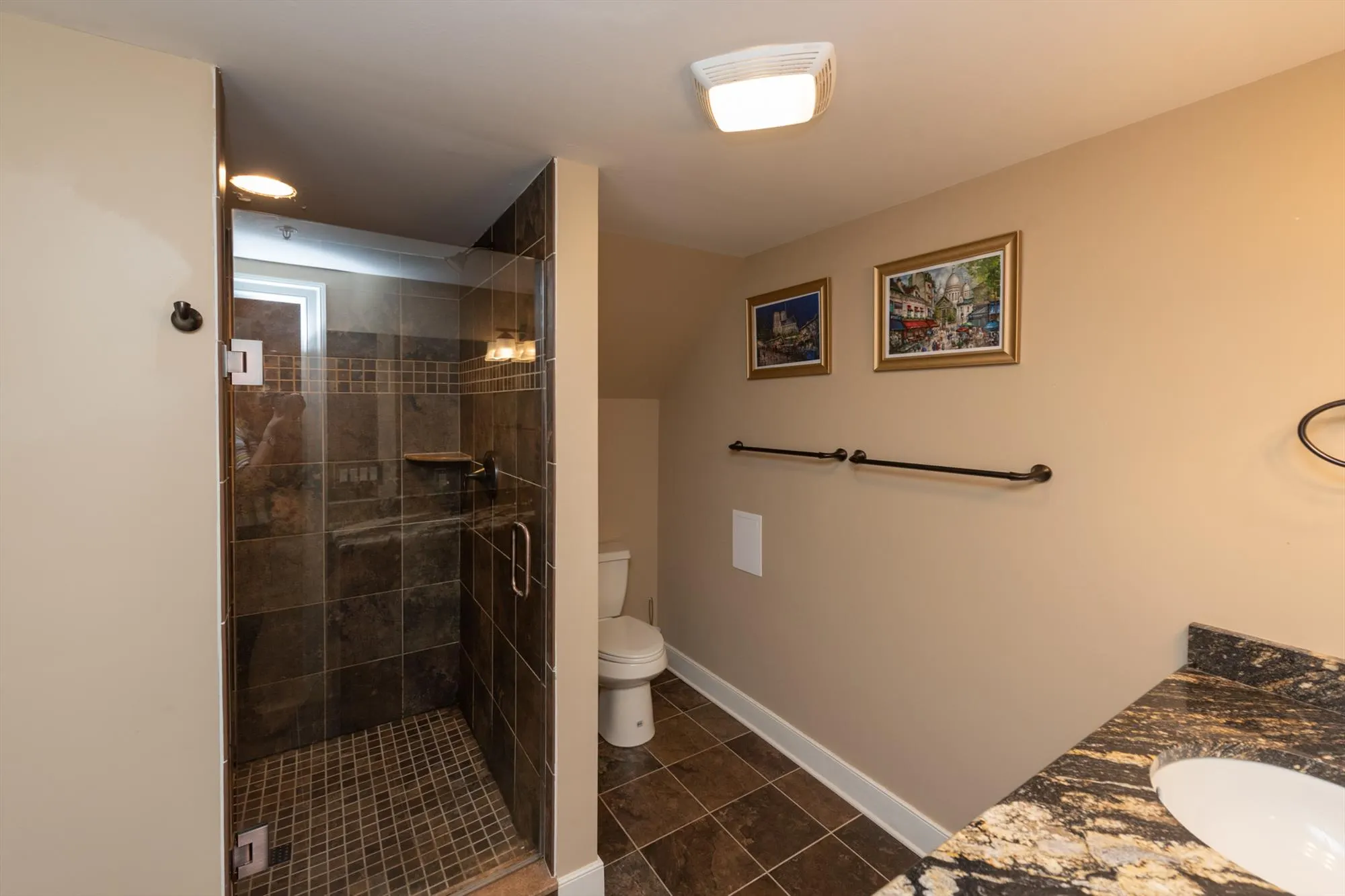 Lower level primary suite ensuite bathroom with modern fixtures
